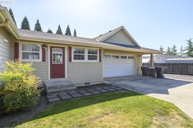 50 W Taylor St, Carlton, OR 97111 - ranch-style home with driveway, an attached garage, entry steps, crawl space, and roof with shingles