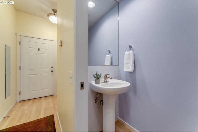 bathroom featuring wood-type flooring and sink