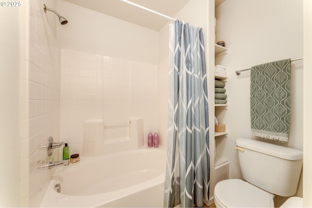 bathroom with shower / bathtub combination with curtain and toilet