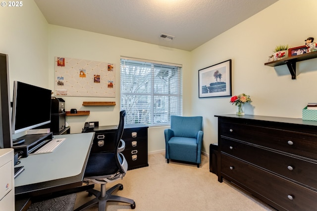 office area with light colored carpet and a textured ceiling