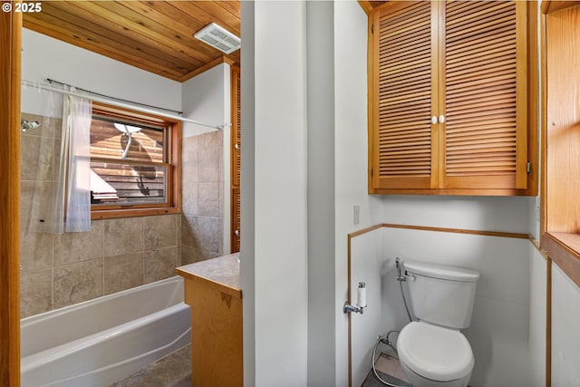 full bath with shower / bathing tub combination, wooden ceiling, visible vents, and toilet