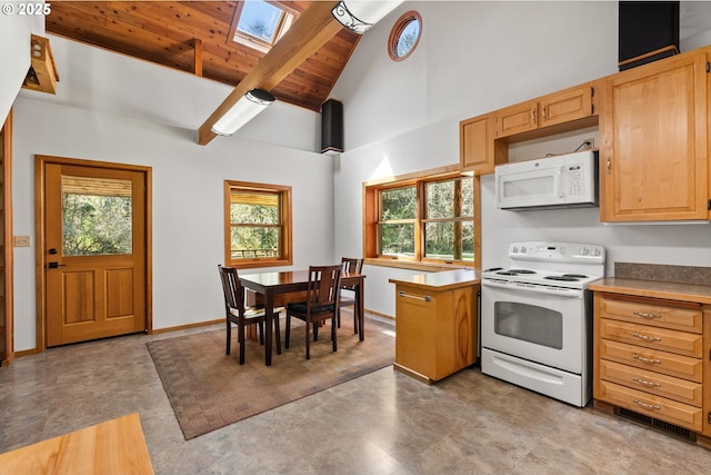 kitchen with high vaulted ceiling, light brown cabinets, a skylight, white appliances, and wooden ceiling