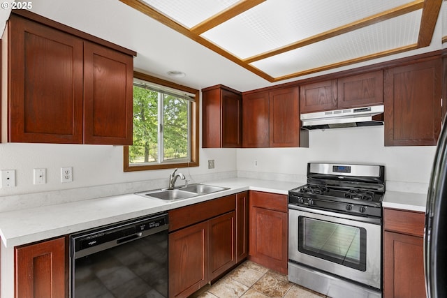 kitchen with stainless steel gas range oven, under cabinet range hood, dishwasher, a sink, and light countertops