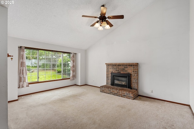 unfurnished living room featuring carpet, ceiling fan, baseboards, high vaulted ceiling, and a textured ceiling