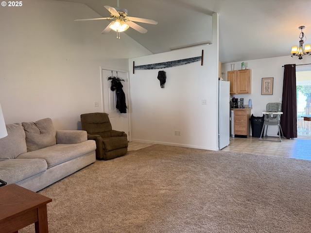 3000 Elm St, Baker City, OR 97814 - living room with lofted ceiling, ceiling fan, light carpet, a chandelier, and baseboards