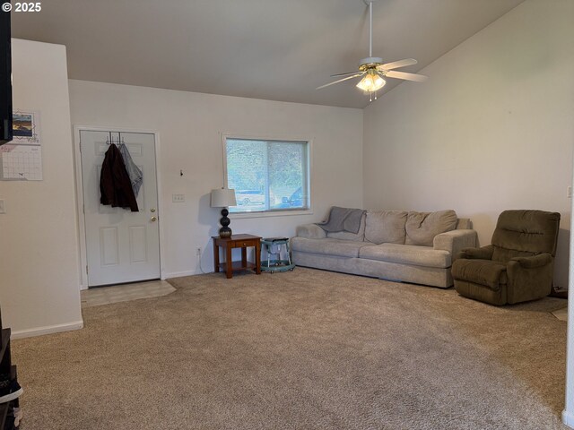 3000 Elm St, Baker City, OR 97814 - living room with carpet, vaulted ceiling, ceiling fan, and baseboards