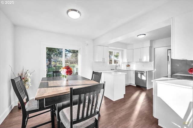 dining area featuring dark wood-type flooring and sink