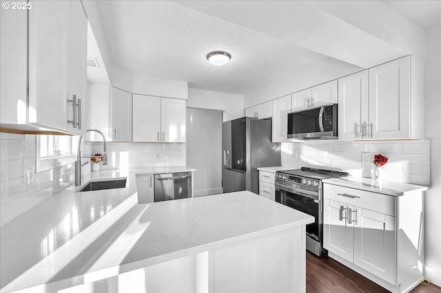 kitchen featuring white cabinetry, stainless steel appliances, tasteful backsplash, sink, and kitchen peninsula