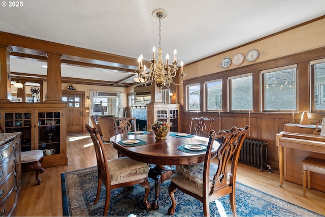 dining area featuring a healthy amount of sunlight, wooden walls, radiator heating unit, and wood finished floors