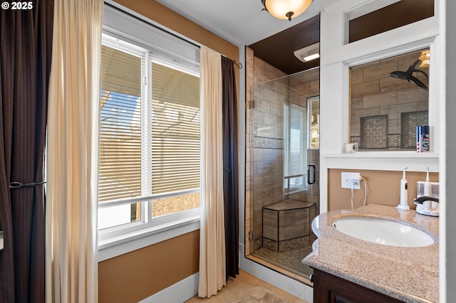 full bathroom with a stall shower and vanity