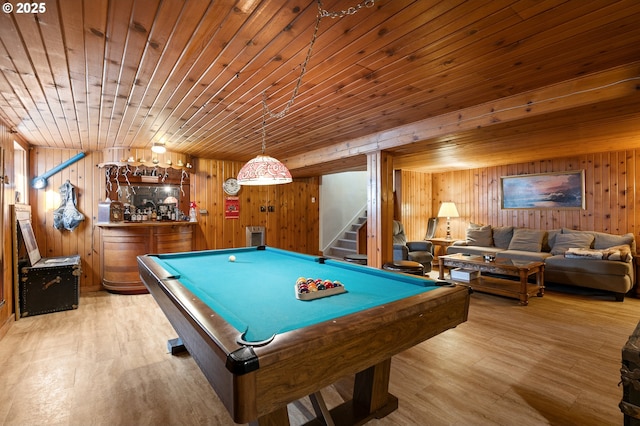 game room featuring wooden ceiling, billiards, wooden walls, and wood finished floors