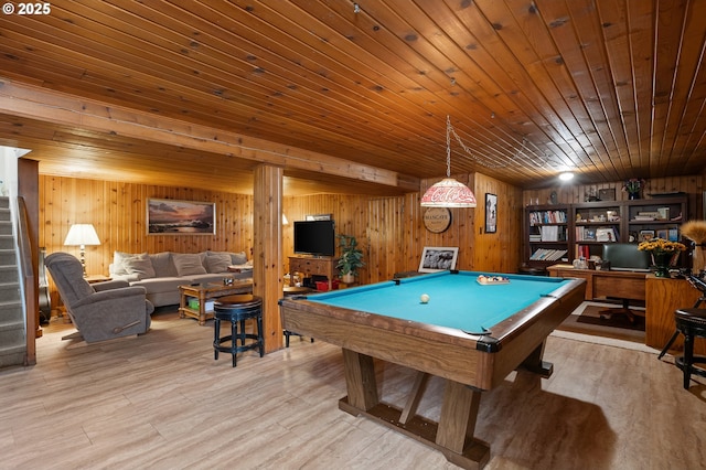 recreation room featuring wood ceiling, wooden walls, light wood-style flooring, and billiards