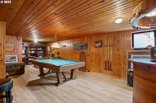 game room featuring billiards, wood walls, wood finished floors, and wood ceiling