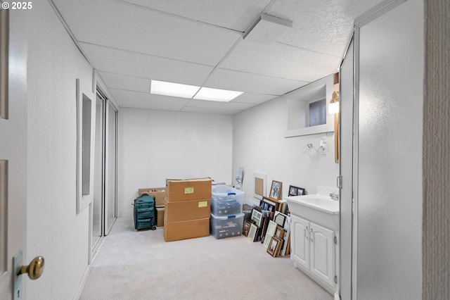 interior space featuring a sink, a drop ceiling, and light colored carpet