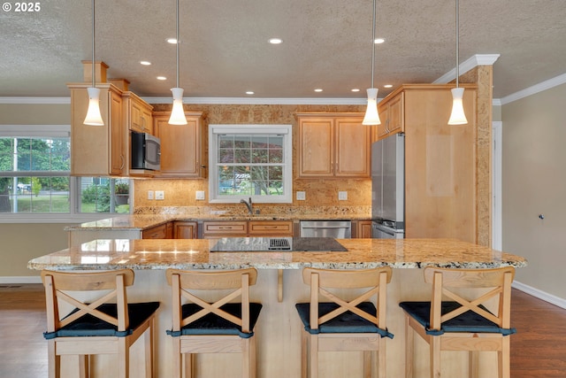 11675 SW Lynn St, Portland, OR 97223 - kitchen with baseboards, dark wood-style floors, appliances with stainless steel finishes, ornamental molding, and light stone countertops
