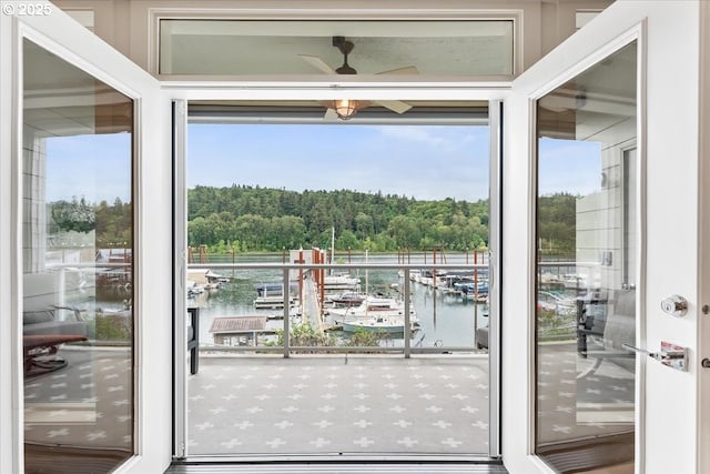 525 SE Marion St # 2, Portland, OR 97202 - entryway featuring a water view, ceiling fan, plenty of natural light, and view of marina