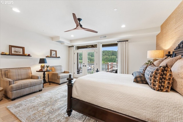 525 SE Marion St # 2, Portland, OR 97202 - bedroom with access to exterior, wood finished floors, french doors, recessed lighting, and a ceiling fan