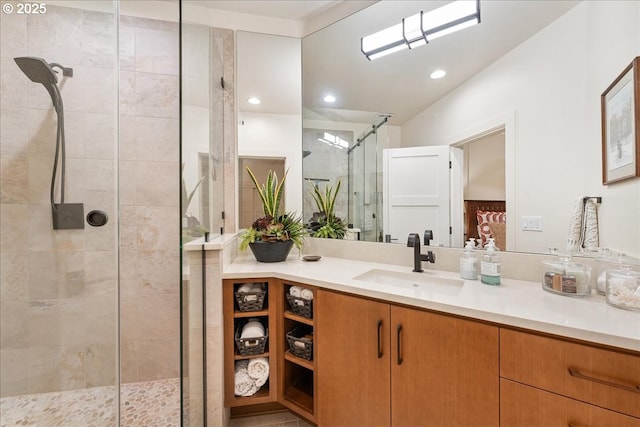 525 SE Marion St # 2, Portland, OR 97202 - bathroom featuring a stall shower, vanity, and recessed lighting