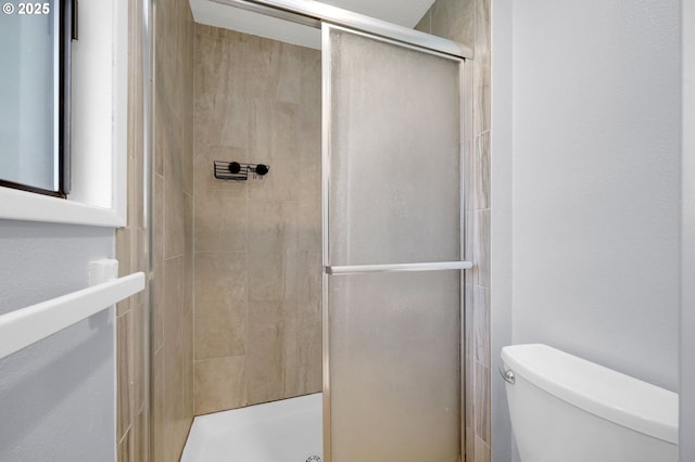 full bathroom featuring toilet and a shower stall