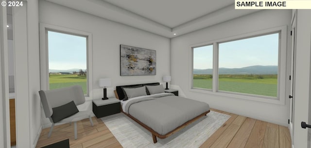 bedroom featuring a mountain view and light hardwood / wood-style flooring