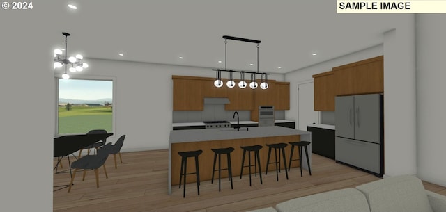 kitchen with decorative backsplash, hanging light fixtures, a kitchen island with sink, white refrigerator, and a chandelier