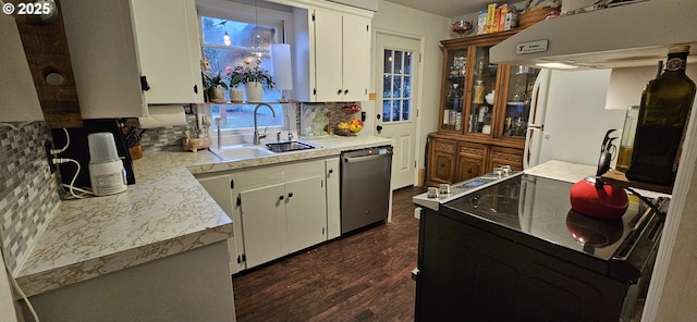 kitchen featuring white cabinetry, sink, black electric range, stainless steel dishwasher, and range hood