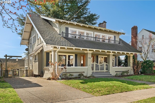 view of front of house with a front lawn, a porch, roof with shingles, a balcony, and a chimney