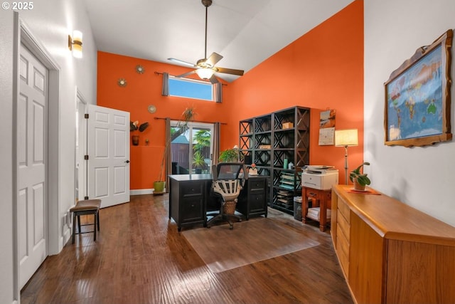 3275 Redwood Loop, Florence, OR 97439 - office area featuring wood finished floors, ceiling fan, and high vaulted ceiling