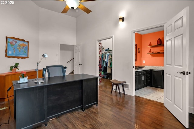3275 Redwood Loop, Florence, OR 97439 - office featuring ceiling fan, wood finished floors, and a high ceiling