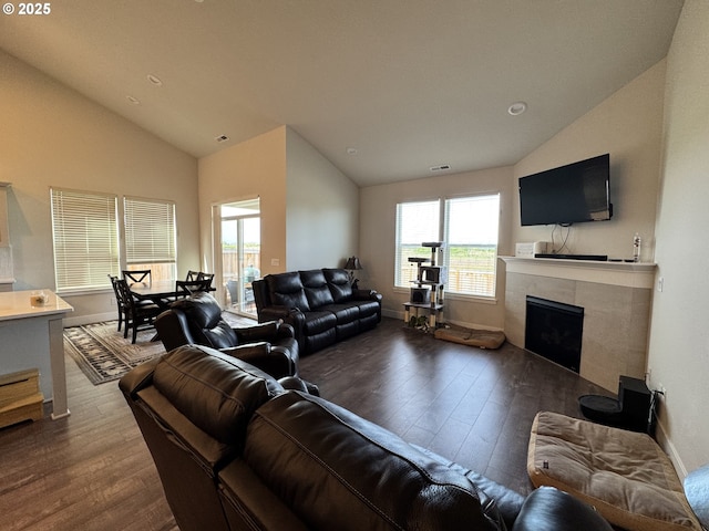 987 Farmington Dr, Junction City, OR 97448 - living area featuring lofted ceiling, wood finished floors, plenty of natural light, and a fireplace