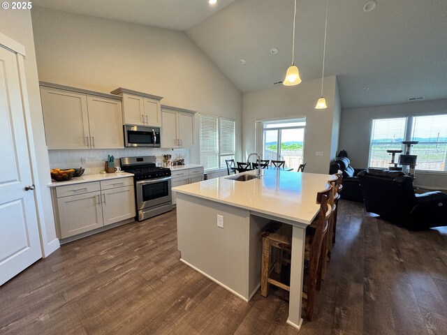 987 Farmington Dr, Junction City, OR 97448 - kitchen featuring stainless steel appliances, a sink, high vaulted ceiling, dark wood-type flooring, and light countertops