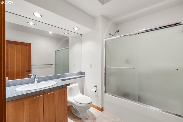 88369 Timberline Dr, Veneta, OR 97487 - bathroom with toilet, shower / bath combination with glass door, tile patterned floors, vanity, and recessed lighting