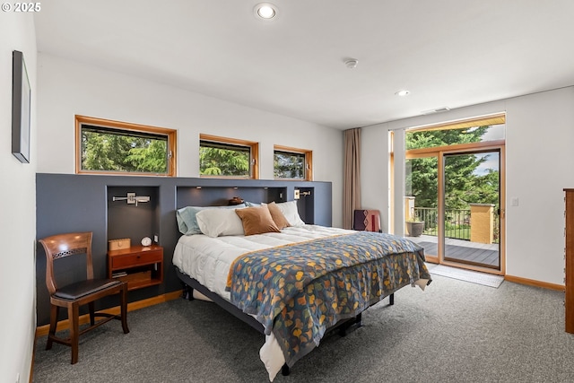 88369 Timberline Dr, Veneta, OR 97487 - carpeted bedroom with access to outside, baseboards, visible vents, and recessed lighting