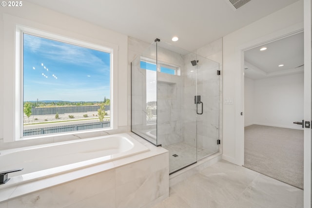 4308 N 12th Way, Ridgefield, WA 98642 - bathroom with a bath, a marble finish shower, recessed lighting, and marble finish flooring