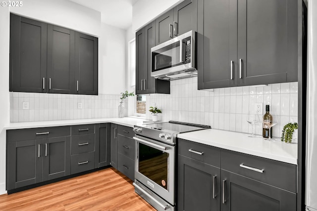 kitchen with appliances with stainless steel finishes, light hardwood / wood-style floors, and tasteful backsplash