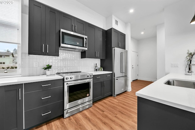 kitchen with decorative backsplash, light hardwood / wood-style flooring, stainless steel appliances, and sink