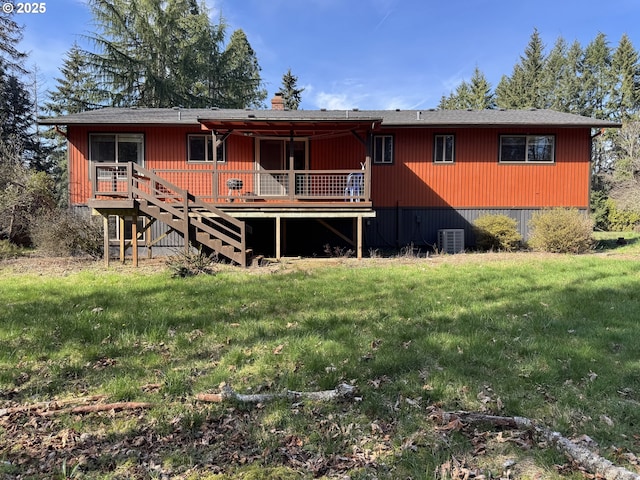 15400 SE Barlow Ct, Damascus, OR 97089 - back of house with a wooden deck, a lawn, a chimney, and stairs