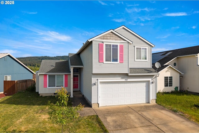 view of front facade with an attached garage, fence, driveway, a front lawn, and roof with shingles