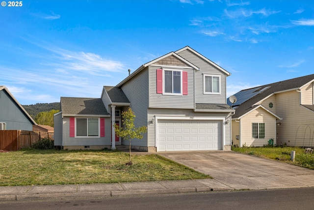 view of front of property with fence, a garage, a front lawn, and driveway