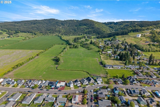 birds eye view of property with a forest view, a mountain view, and a residential view
