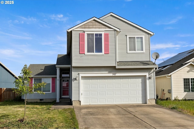 traditional home with fence, driveway, a garage, a front yard, and a shingled roof