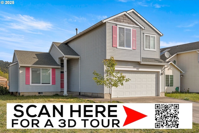 traditional-style home with an attached garage, a shingled roof, and driveway