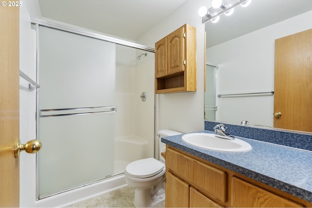 full bath featuring toilet, a stall shower, and vanity