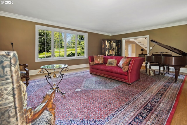 1500 SE Waverly Dr, Milwaukie, OR 97222 - living room with ornamental molding, baseboards, and stairs