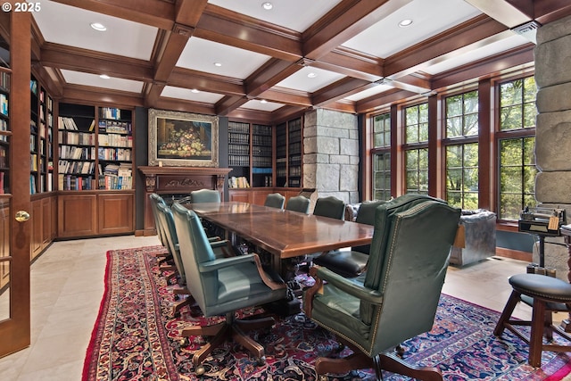 1500 SE Waverly Dr, Milwaukie, OR 97222 - office area featuring beamed ceiling, plenty of natural light, a fireplace, coffered ceiling, and recessed lighting