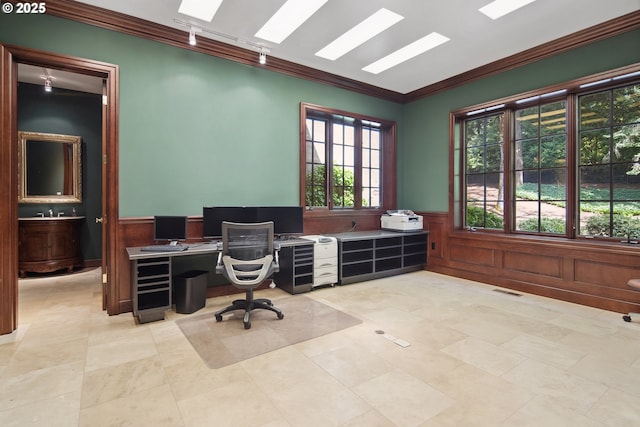 1500 SE Waverly Dr, Milwaukie, OR 97222 - home office featuring ornamental molding, wainscoting, and a skylight