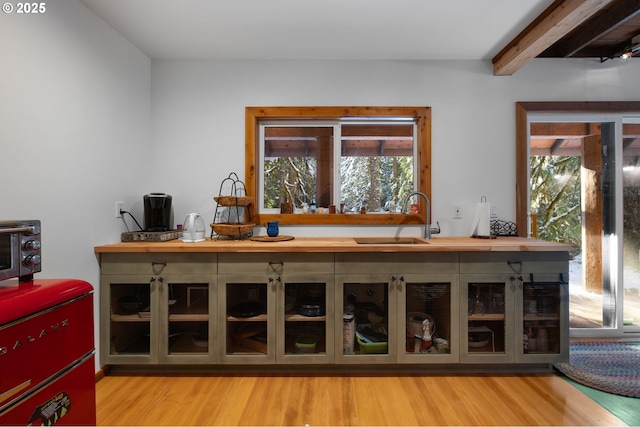 78596 E Rd 32, Government Camp, OR 97028 - bar with a sink, beam ceiling, light wood finished floors, and a toaster
