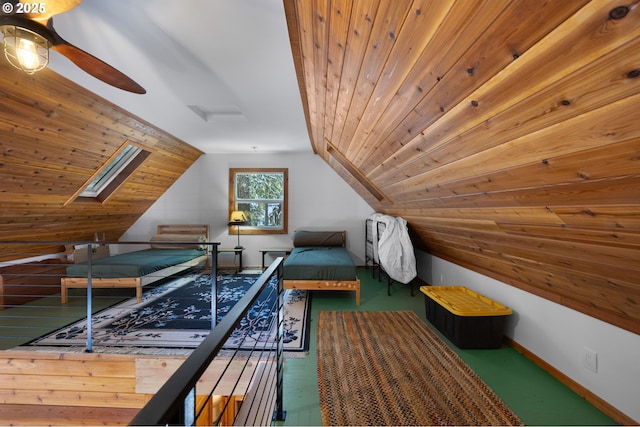 unfurnished bedroom featuring vaulted ceiling with skylight and wood ceiling