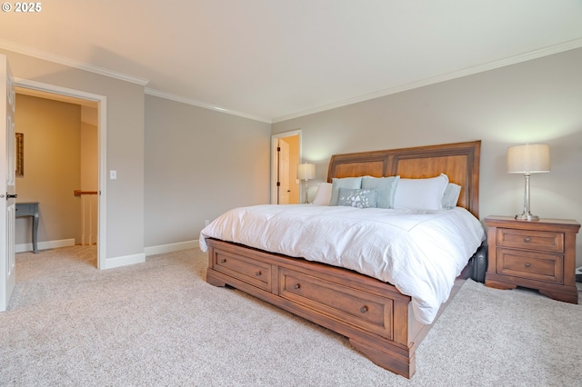 carpeted bedroom with ornamental molding