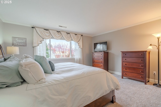 bedroom featuring ornamental molding and light carpet